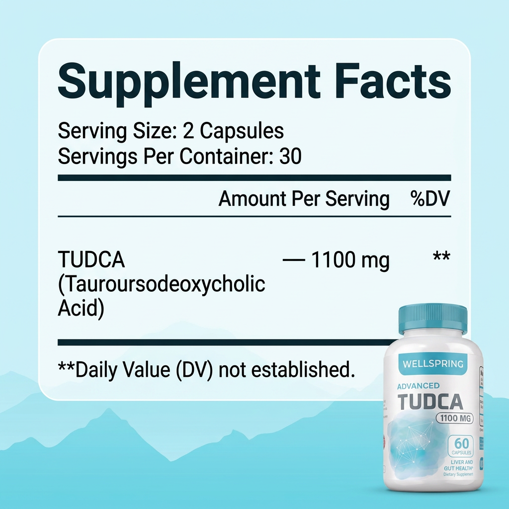 Supplement Facts — 1100 mg TUDCA per 2-capsule serving, 30 servings per container