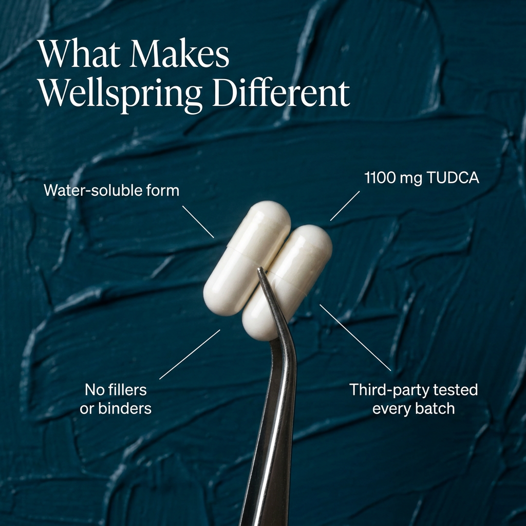 What makes Wellspring different — 1100 mg TUDCA, third-party tested every batch, no fillers or binders