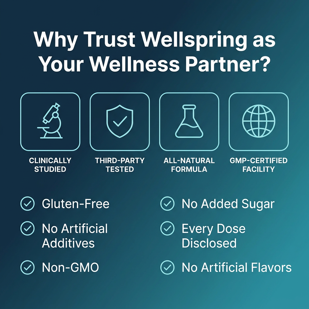 Why trust Wellspring — clinically studied, third-party tested, all-natural formula, GMP-certified facility